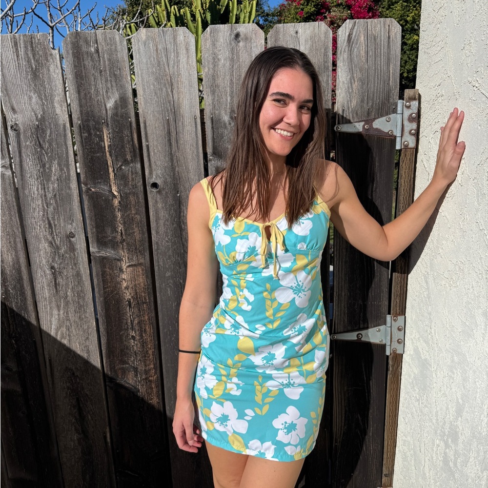 Handmade Tropical Floral Striped Reversible Mini Dress in Blue and Yellow